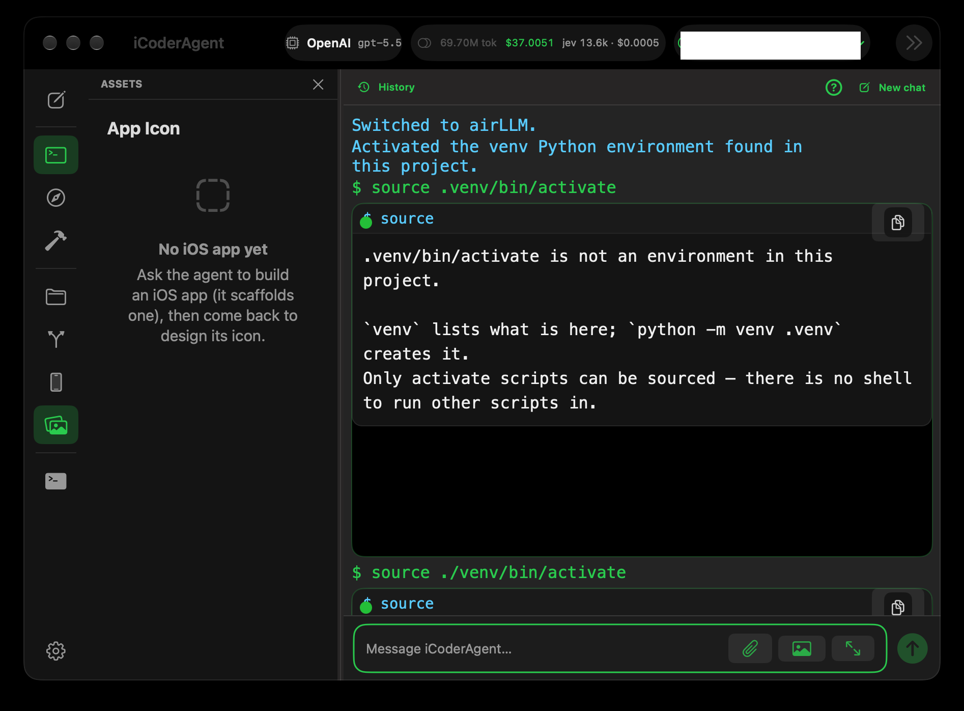 The main window: left rail, Files panel and the Chat view