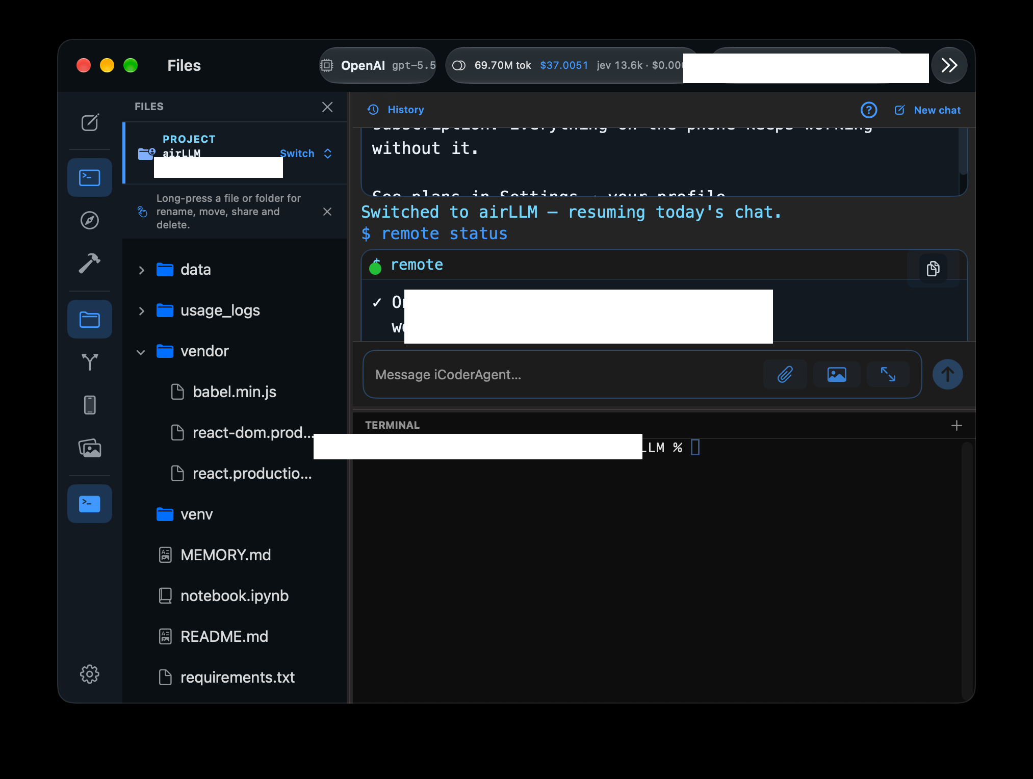 The integrated terminal below the Chat view